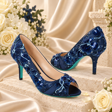 Load image into Gallery viewer, Navy Floral Embroidered Occasion Shoes – Mother of the Bride Heels
