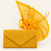 Load image into Gallery viewer, Mustard Yellow Fascinator &amp; Vegan Suede Clutch Bag | Matching Set

