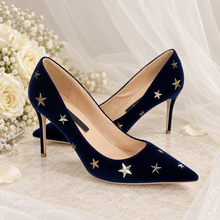 Load image into Gallery viewer, Black or Navy Velvet Celestial Bridal Shoes – Star Stiletto Heels

