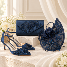 Load image into Gallery viewer, Navy Blue Fascinator &amp; Clutch Bag– Handmade Beaded Wedding Guest Accessories

