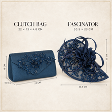 Load image into Gallery viewer, Navy Blue Fascinator &amp; Clutch Bag– Handmade Beaded Wedding Guest Accessories
