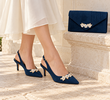 Load image into Gallery viewer, Navy Blue Suede Slingback Shoes and Matching Cherry Blossom Clutch
