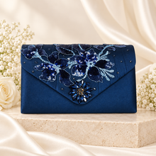 Load image into Gallery viewer, Navy Blue Fascinator &amp; Matching Clutch Bag Set – Floral Sequin Wedding Guest Accessories
