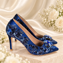 Load image into Gallery viewer, Navy Blue Fascinator &amp; Matching Clutch Bag Set – Floral Sequin Wedding Guest Accessories

