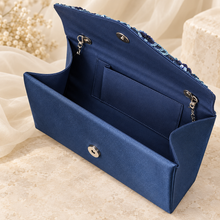 Load image into Gallery viewer, Navy Blue Fascinator &amp; Matching Clutch Bag Set – Floral Sequin Wedding Guest Accessories
