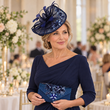 Load image into Gallery viewer, Navy Blue Fascinator &amp; Matching Clutch Bag Set – Floral Sequin Wedding Guest Accessories
