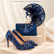 Load image into Gallery viewer, Navy Blue Fascinator &amp; Matching Clutch Bag Set – Floral Sequin Wedding Guest Accessories
