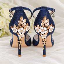 Load image into Gallery viewer, Navy Glitter Wedding Shoes with Cherry Blossom Heels
