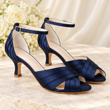 Load image into Gallery viewer, Navy Satin Peep Toe Sandals with Kitten Heel
