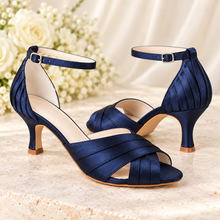 Load image into Gallery viewer, Navy Satin Peep Toe Sandals with Kitten Heel
