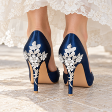 Load image into Gallery viewer, Navy Satin Peep Toe Wedding Heels with Silver Cherry Blossom
