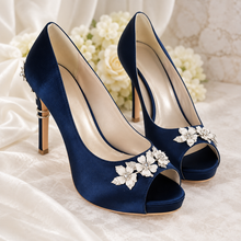 Load image into Gallery viewer, Navy Satin Peep Toe Wedding Heels with Silver Cherry Blossom
