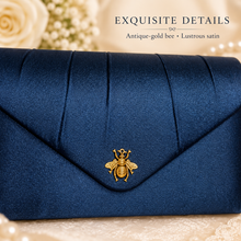 Load image into Gallery viewer, Navy Satin Clutch Bag with Antique-Gold Bee – Handmade Wedding &amp; Evening Purse
