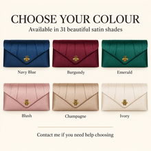 Load image into Gallery viewer, Navy Satin Clutch Bag with Antique-Gold Bee – Handmade Wedding &amp; Evening Purse
