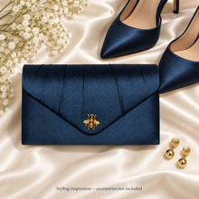 Load image into Gallery viewer, Navy Satin Clutch Bag with Antique-Gold Bee – Handmade Wedding &amp; Evening Purse
