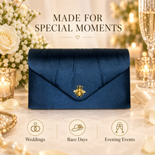 Load image into Gallery viewer, Navy Satin Clutch Bag with Antique-Gold Bee – Handmade Wedding &amp; Evening Purse

