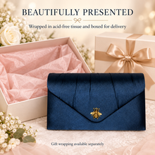 Load image into Gallery viewer, Navy Satin Clutch Bag with Antique-Gold Bee – Handmade Wedding &amp; Evening Purse
