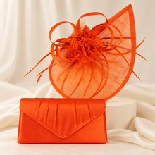 Load image into Gallery viewer, Orange Satin Clutch Bag &amp; Fascinator | Matching Wedding Guest Set
