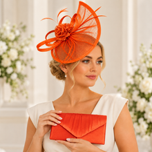 Load image into Gallery viewer, Orange Satin Clutch Bag &amp; Fascinator | Matching Wedding Guest Set
