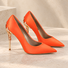 Load image into Gallery viewer, Orange Satin Wedding Shoes with Gold Vine Heels
