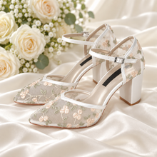 Load image into Gallery viewer, Floral Embroidered Block Heel Wedding Shoes

