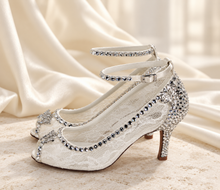 Load image into Gallery viewer, Ivory Lace Bridal Shoes with Crystal Butterflies &amp; Peep Toe Heels

