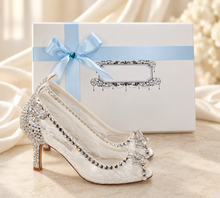 Load image into Gallery viewer, Ivory Lace Bridal Shoes with Crystal Butterflies &amp; Peep Toe Heels
