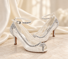 Load image into Gallery viewer, Ivory Lace Bridal Shoes with Crystal Butterflies &amp; Peep Toe Heels

