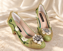 Load image into Gallery viewer, Tiana Inspired Bridal Block Heels | Green Glitter &amp; Golden Leaves
