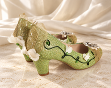 Load image into Gallery viewer, Tiana Inspired Bridal Block Heels | Green Glitter &amp; Golden Leaves
