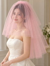 Load image into Gallery viewer, Pink Two-Tier Wedding Veil with Blusher – 90 cm – Sale
