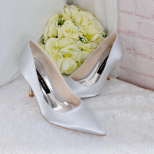 Load image into Gallery viewer, Silver Satin Pointed Toe Court Shoes - UK5 - Ready to Dispatch
