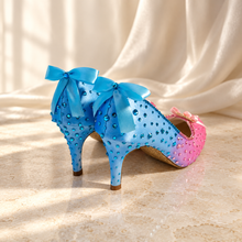 Load image into Gallery viewer, Aurora Inspired Satin Bridal Heels | Pink &amp; Blue Crystal Wedding Shoes
