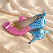 Load image into Gallery viewer, Aurora Inspired Satin Bridal Heels | Pink &amp; Blue Crystal Wedding Shoes

