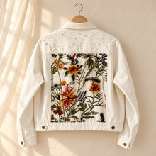 Load image into Gallery viewer, Autumn Floral Bridal Denim Jacket with Pearls – White or Blue
