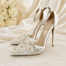 Load image into Gallery viewer, Lace Bridal Sandals with Pearl Details | 8cm, 10cm, 12cm Heel | Large Sizes
