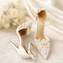 Load image into Gallery viewer, Lace Bridal Sandals with Pearl Details | 8cm, 10cm, 12cm Heel | Large Sizes
