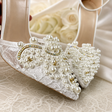 Load image into Gallery viewer, Lace Bridal Sandals with Pearl Details | 8cm, 10cm, 12cm Heel | Large Sizes
