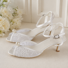Load image into Gallery viewer, Kitten Heel Lace Peep Toe with Pearl Detail | Ivory Bridal Shoes with Low Heel
