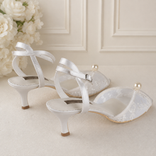 Load image into Gallery viewer, Kitten Heel Lace Peep Toe with Pearl Detail | Ivory Bridal Shoes with Low Heel
