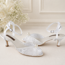Load image into Gallery viewer, Kitten Heel Lace Peep Toe with Pearl Detail | Ivory Bridal Shoes with Low Heel
