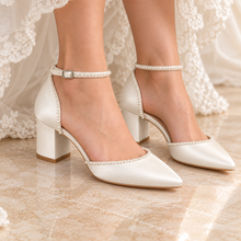 Load image into Gallery viewer, Pearl Trim Satin Block Heel Bridal Shoes
