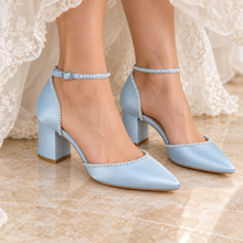 Load image into Gallery viewer, Pearl Trim Satin Block Heel Bridal Shoes

