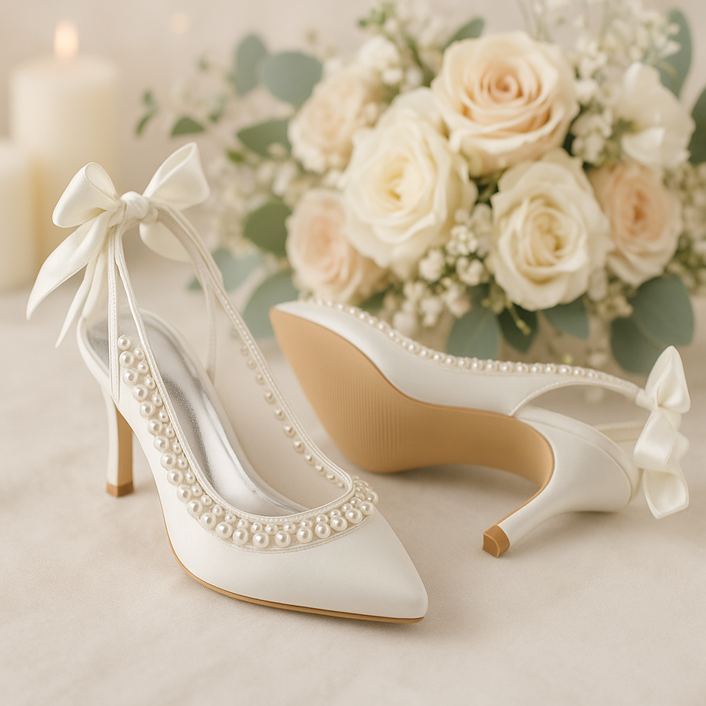 Eliza - Ivory Pearl Satin Sling Backs