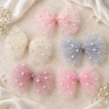 Load image into Gallery viewer, Pearl Tulle Bow Shoe Clips – Removable Bridal Shoe Bows
