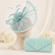 Load image into Gallery viewer, Peppermint Green Fascinator and Vegan Suede Clutch Bag Set
