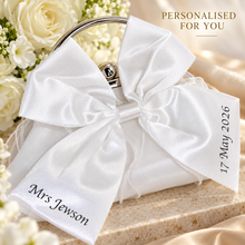 Load image into Gallery viewer, Personalised White Satin Bow Clutch Bag – Custom Bridal Wedding Purse
