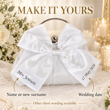 Load image into Gallery viewer, Personalised White Satin Bow Clutch Bag – Custom Bridal Wedding Purse
