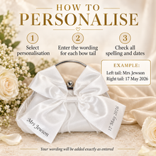 Load image into Gallery viewer, Personalised White Satin Bow Clutch Bag – Custom Bridal Wedding Purse
