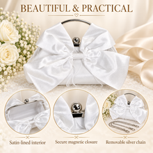 Load image into Gallery viewer, Personalised White Satin Bow Clutch Bag – Custom Bridal Wedding Purse
